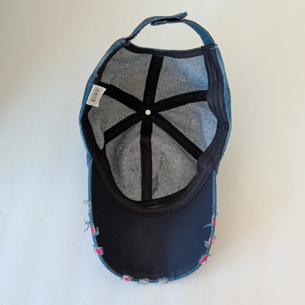 Distressed Pink Ribbon Breast Cancer Awareness Blue Denim Cap